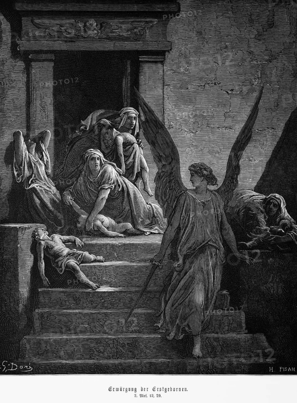 Bible, strangulation of the firstborn, first book of Moses, 12, 29, Moses, Old Testament, Genesis, kill, murder, violence, woman, birth, children, babies, cruelty, stairs, sword, mourning, suffering, Egypt, historical illustration 1885