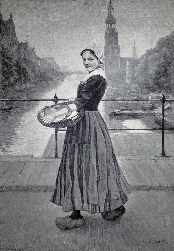Fishergirl in Amsterdam, with a basket of fish on a bridge across the canal, wood engraving based on a painting by Huisken, 1896, Holland, illustration, reproduction from a 19th century model. Authentic, file restored for optimal use, exact date of submission unknown, Historical, A woman in traditional traditional costume stands on a bridge with a view of a river and a building in the background