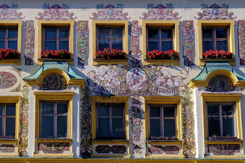 Marienapotheke, building facade, Traunstein, Chiemgau, Upper Bavaria, Bavaria, Germany