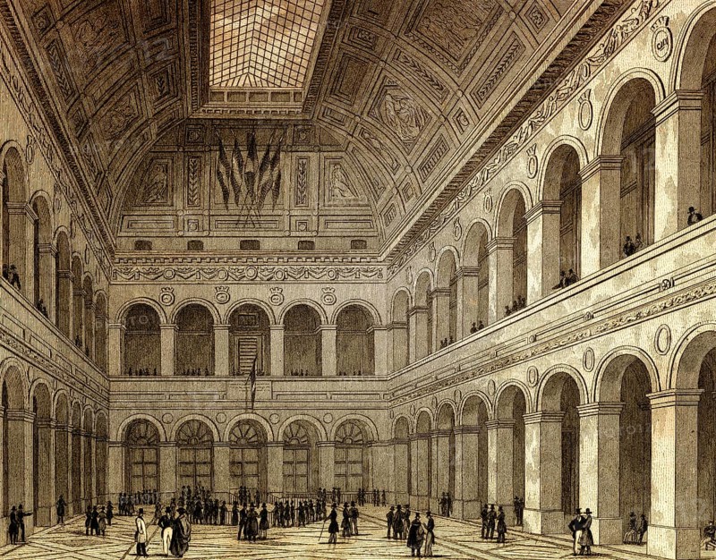 Paris Bourse, Paris, antique steel engraved print, 1831