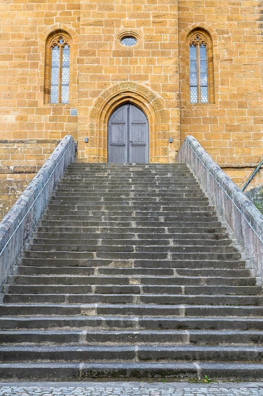 Long and wide staircase to the Gügelkirche St. Pankratius on the Gügel near Scheßlitz, Upper Franconia, Bavaria, Germany