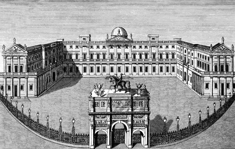 The royal palace in St. James Park, Westminster district, London, England, buildings, architecture, history, steel engraving, historical illustration 1835