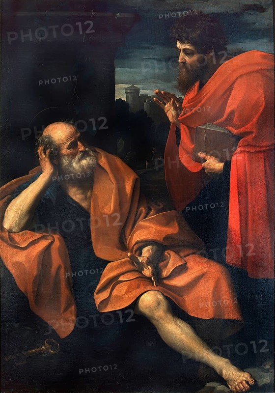 Painting, Reproduction of the painting, Work of art, Historical, Guido Reni, called il Guido or il divino Guido (born 4 November 1575 in Bologna, died 18 August 1642 in Bologna) Italian painter, fresco artist and etcher. August 1642) Italian painter, fresco artist and etcher of the Bolognese school, main representative of a baroque classicism in painting, here the work:, Paul Rebukes the Repentant Peter (1603), Paul rebukes the repentant Peter (1603), Two men in antique garments discuss in a nocturnal setting