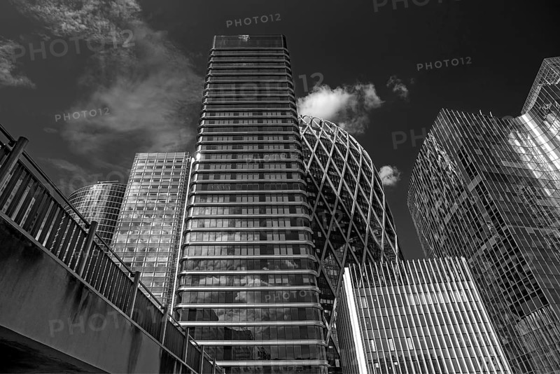 Office skyscrapers in La Défence, largest office building district in Europe, black and white, Paris, France