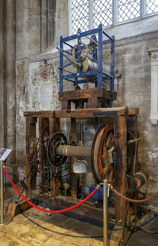 Historic clock timekeeping mechanism, interior of cathedral church, Peterborough, Cambridgeshire, England, UK