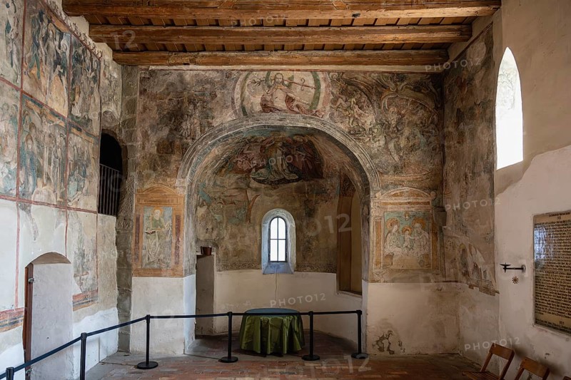 Interior view of the Romanesque St. Peter's Church with late Gothic frescoes, wall paintings referred to as the Lindau Passion, in the old town of Lindau, Bavaria, Germany