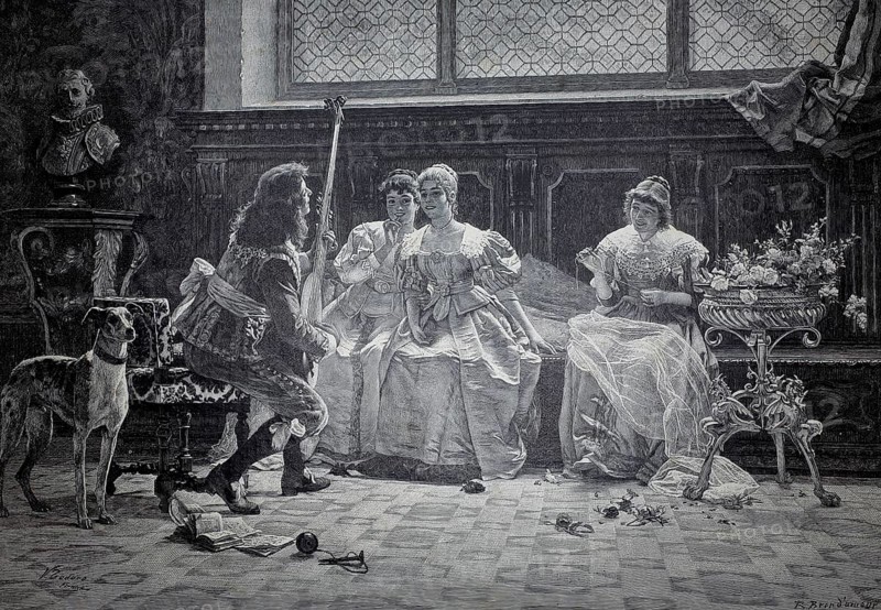 A minstrel with his lute in front of three distinguished ladies listening to his music, 1890, France, illustration, reproduction from a model from the 19th century. Authentic, file restored for optimal use, exact date of original unknown, historic, baroque interior with four elegant people engaged in conversation, a dog present