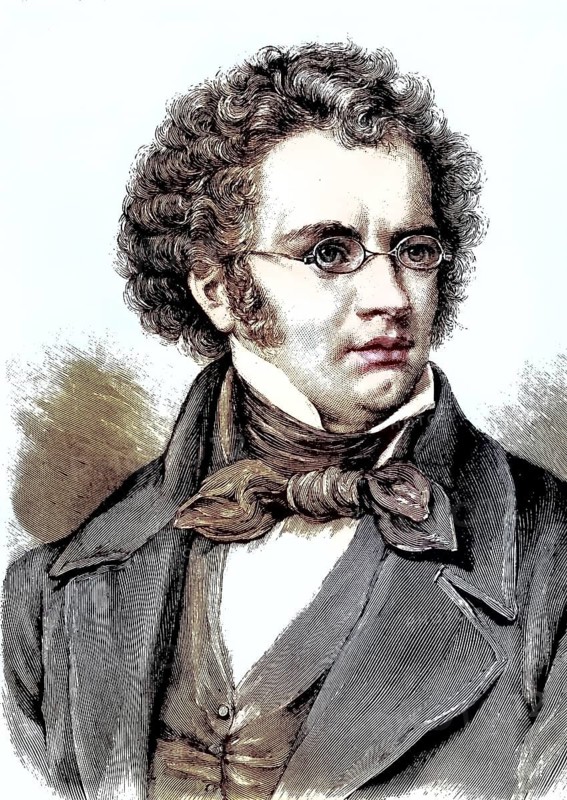 Franz Peter Schubert, 1797, 1828, an Austrian composer, coloured wood engraving, reproduction from an original from ca 1888, historical, man with curls and glasses in a serious and classical expression