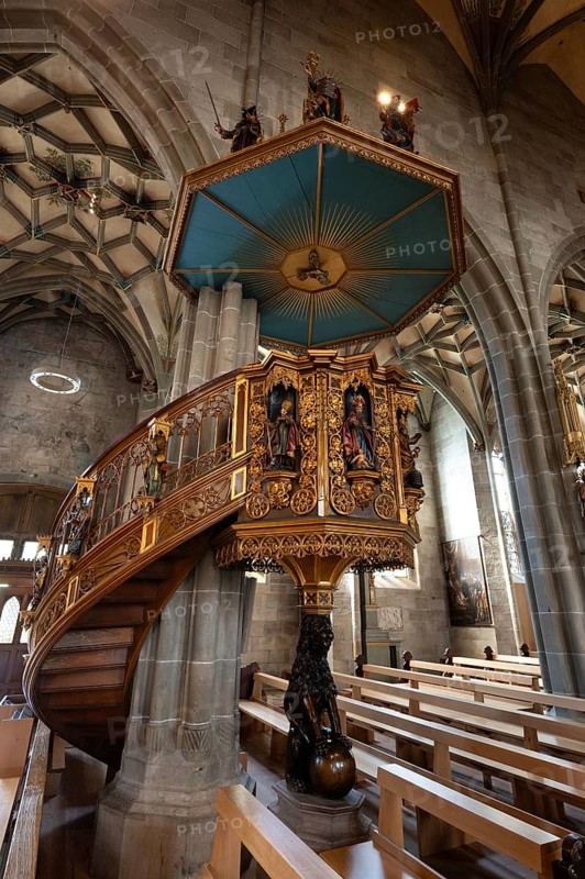 Pulpit, 17th century, of the Heilig-Kreuz-Münster, 15th century, Rottweil, Baden-Württemberg, Germany