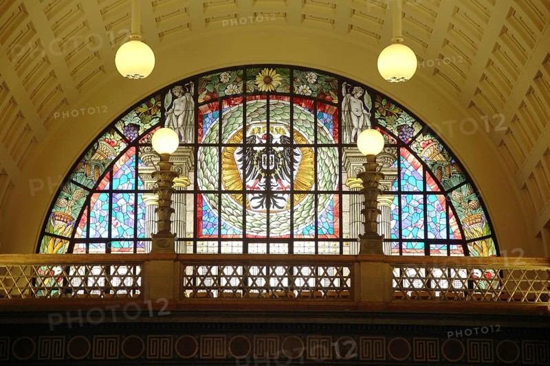 Colorful stained glass window with German federal eagle, coat of arms, heraldic animal, handicrafts, stained glass, interior view, spa hotel, Wiesbaden, Taunus, Hesse, Germany