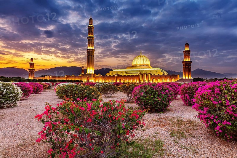 Countryside, Oman, Mosque, blue hour, Illuminated, Building, Architecture, Sultan Qabus Grand Mosque, Muscat Muscat, Muscat, Oman