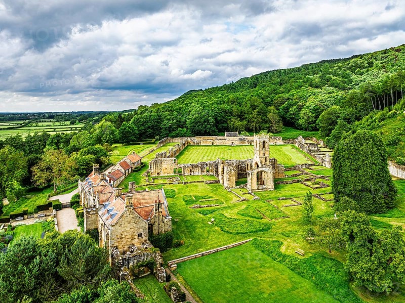 Mount Grace Priory, House and Gardens from a drone, East Harlsey, North Yorkshire, England, United Kingdom