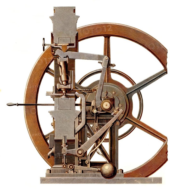 Historical illustration, 19th Century, machine for coin production, Thonnelier level coin press, toggle-lever press, Presse Monétaire or Uhlhorn Press