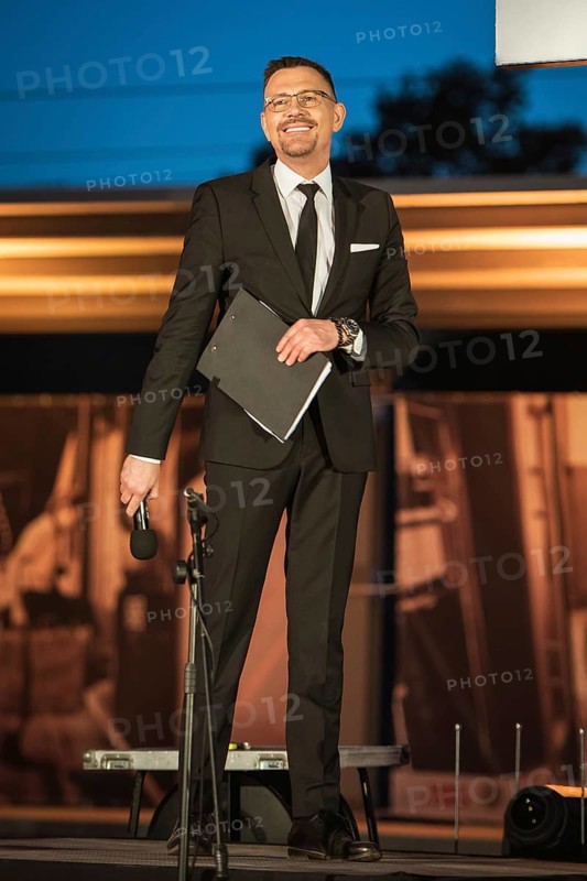 LUBIN, POLAND - JUNE 8, 2019: Presenter Krzysztof Ibisz during the celebration reopening of the railway line.