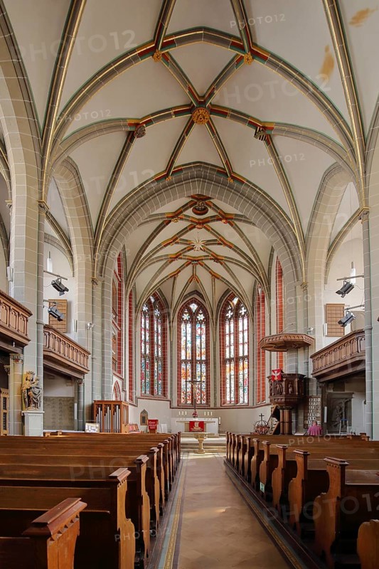 Interior view with pulpit and chancel of the Gothic town church, Meiningen, Thuringia, Germany