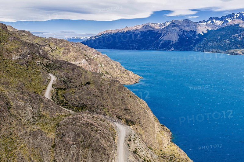 Road 265 along the southern slopes of lake Lago General Carrera, steep cliff, west of Chile Chico, Patagonia, Chile west of Chile Chico, Patagonia, Chile