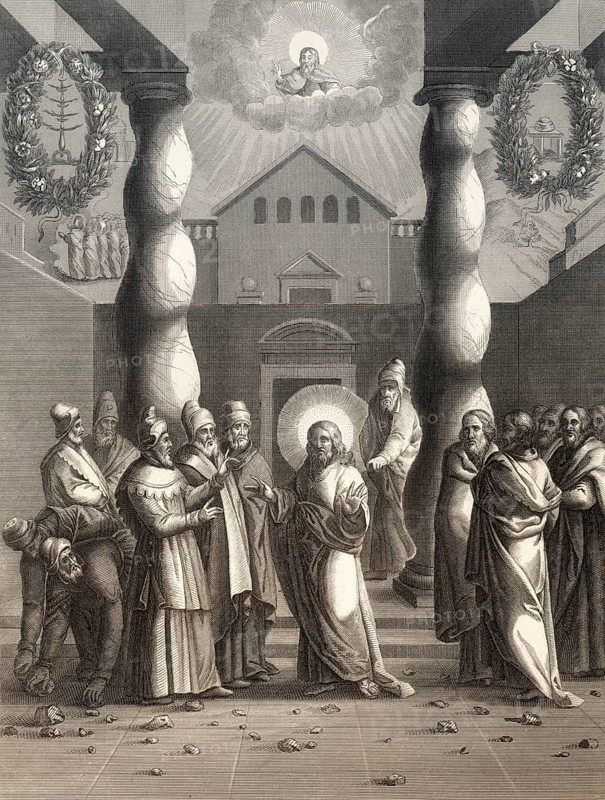 Pharisees try to trap Jesus, New Testament, steel engraving 1853, digitally restored