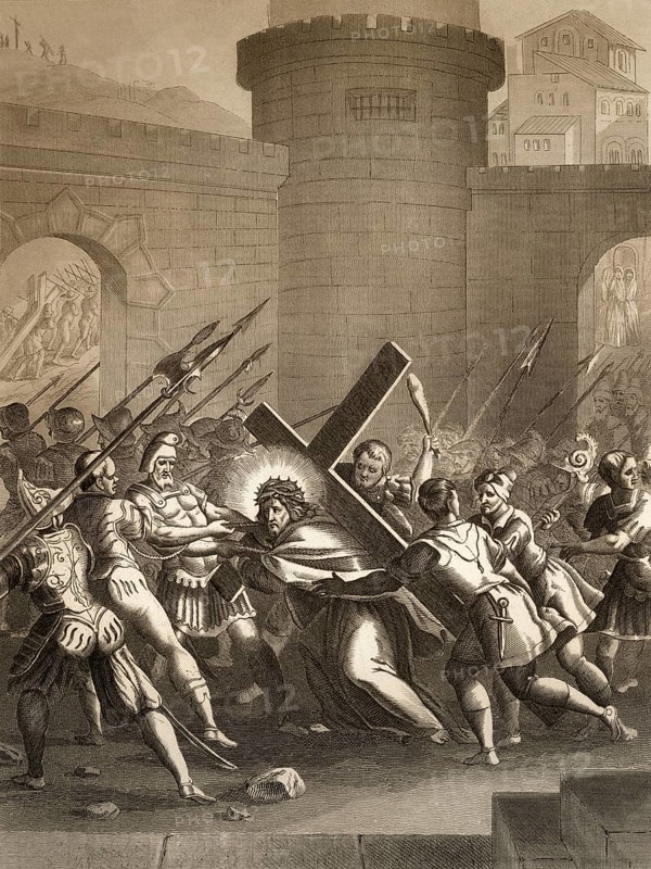 Jesus is led outside the gate to Mount Calvary, New Testament, steel engraving 1853, digitally restored