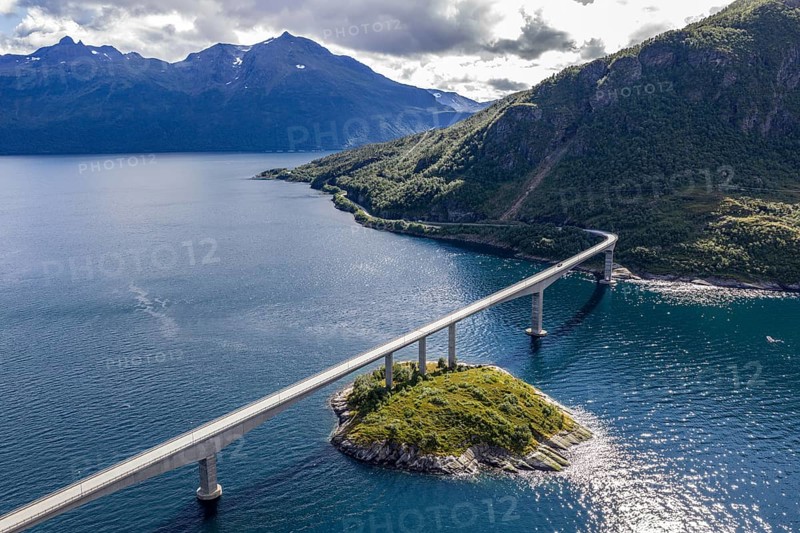 Aerial view of Mjosund Bridge (Norwegian: Mjøsundbrua), bridge on road 848 east of Harstad, Norway