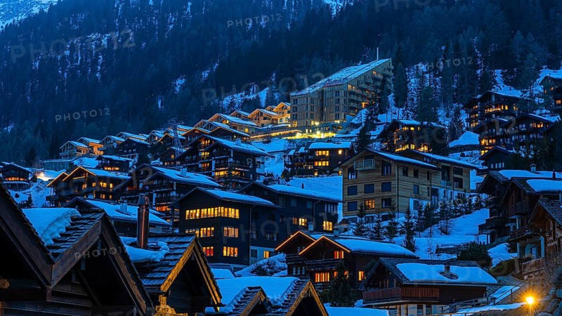 Snow-covered hotels and chalets built into the hillside, night view, Grimentz, Val d'Anniviers, Valais Alps, Canton of Valais, Switzerland