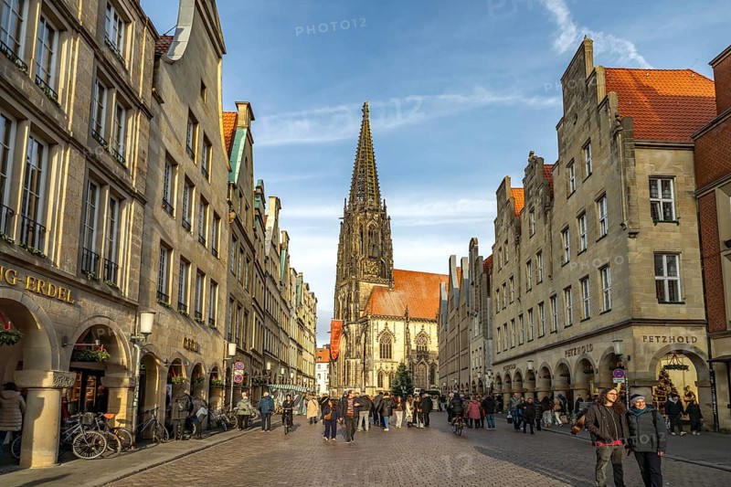Prinzipalmarkt and the Roman Catholic parish church of St. Lamberti in Münster, North Rhine-Westphalia, Germany