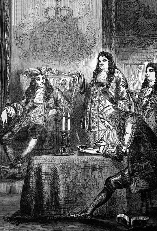 The interrogation of Brigadier General Sir Thomas Prendergast, who was appointed 1st Baronet after informing King William III of a plan by Sir George Barclay to ambush the King's carriage at Turnham Green, 1696, England, digital reproduction of a historical original