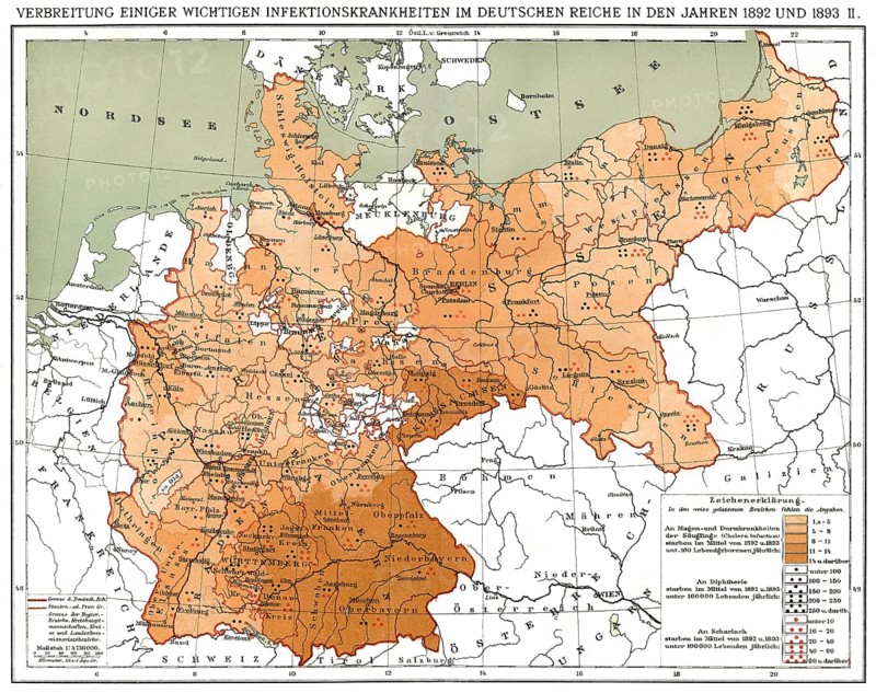 Historical map, spread of infectious diseases in the German Empire in 1892 and 1893, Historische Landkarte, Verbreitung von Infektionskrankheiten im Deutsches Reich, 1892 und 1893