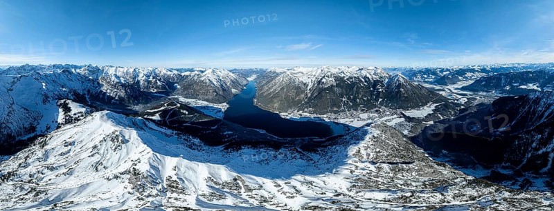 Aerial view, epic view of mountain landscape with snow in winter, summit of Bärenkopf, Achensee, Tyrol, Austria