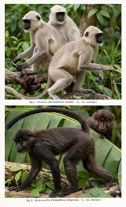 Display board monkeys, fauna, animal world, animal kingdom, wild animal, Africa, Ethiopian green monkey (Chlorocebus aethiops), Indian langur (Semnopithecus), Asia, Old World monkey, historical illustration, digitally processed