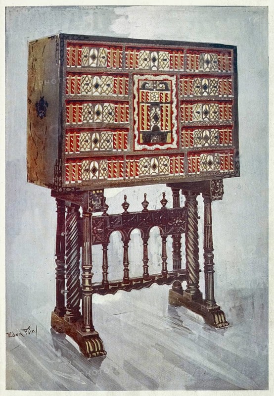 Furniture around the turn of the century 1900, Vargueno cabinet of chestnut, ivory, etc., painted and gilt with wrought-iron and steel mounts (1910, 1911) .jpg