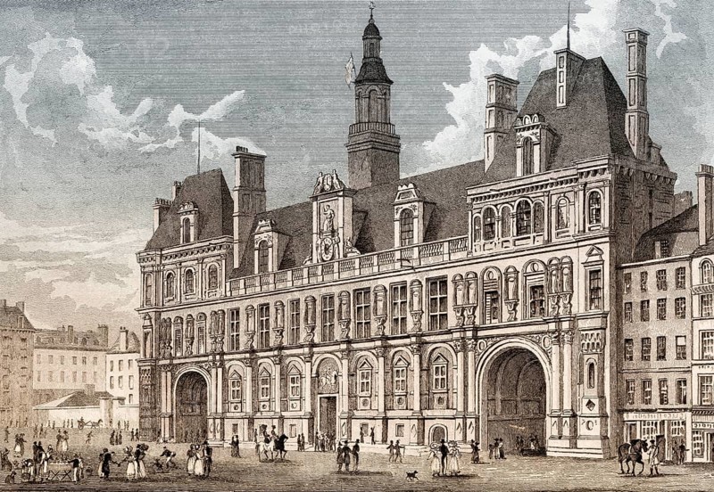 Hôtel de Ville, Paris, antique steel engraved print, 1831