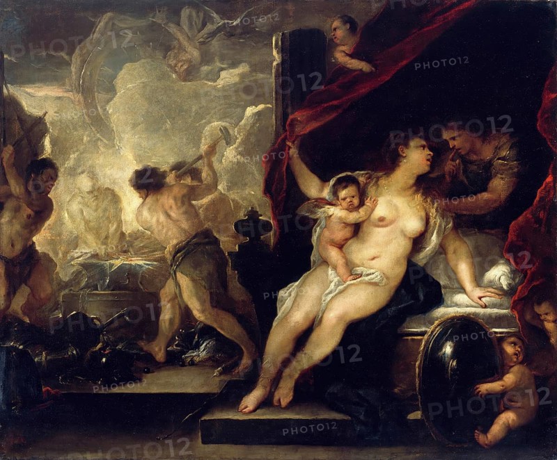 Luca Giordano (born 18 October 1634, died 3 January 1705), called Fa Presto, Italian Baroque painter and etcher, Venus, Mars and the Forge of Vulcan (c.1660), Mars and the Forge of Vulcan (c.1660), Painting, Reproduction of the painting in its original state, Work of art, Historical, Mythological scene with Venus, Cupid and fighting heroes in a dynamic setting