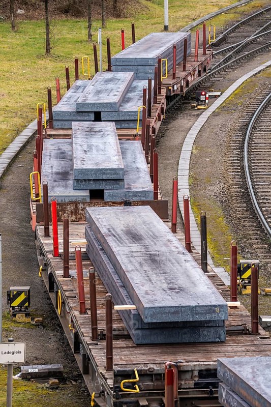 Hüttenwerke Krupp-Mannesmann, HKM in Duisburg, marshalling yard, with goods wagons loaded with fresh steel slabs from the steelworks, North Rhine-Westphalia, Germany