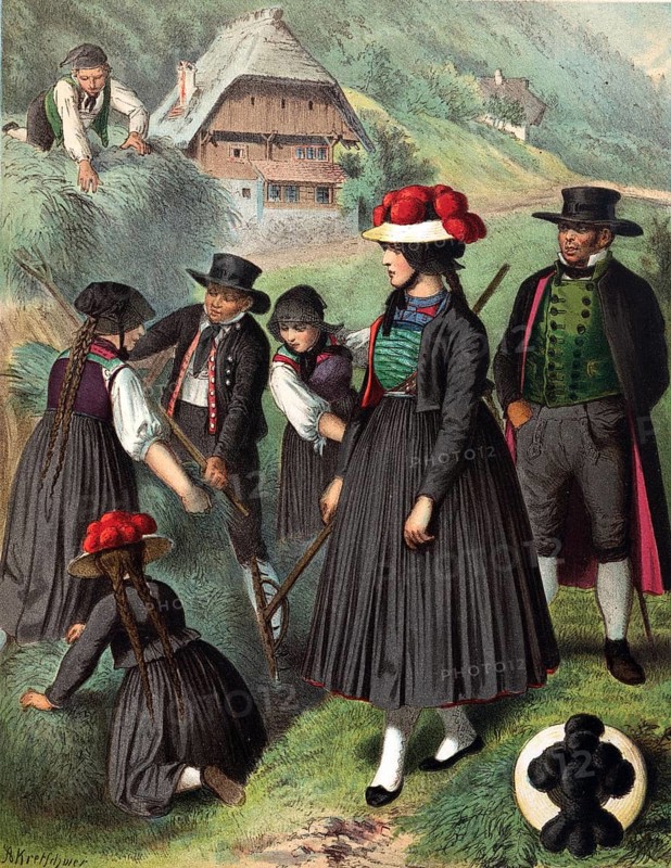 Traditional costumes in Germany around 1820, Baden, Gutachtal, family harvesting hay in traditional dress in front of a thatched house, digitally retouched reproduction of a model from around 1850, by Albert Kretschmer (27 February 1825, 11 July 1891), German painter and traditional costume expert
