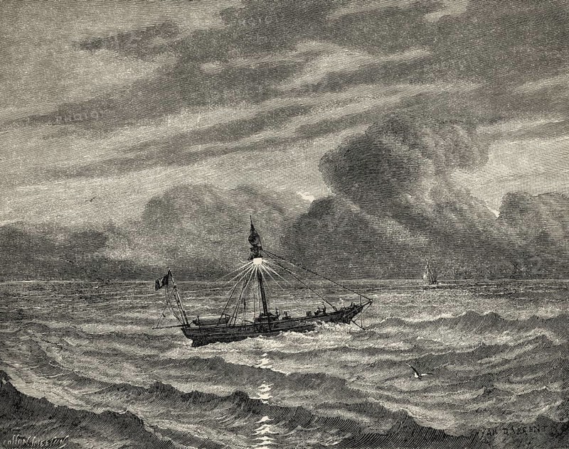 Ruytingen lightship anchored in the fairway entrance between Outer-Ruytingen and Inner Ruytingen near Dunkirk, France, 19th century