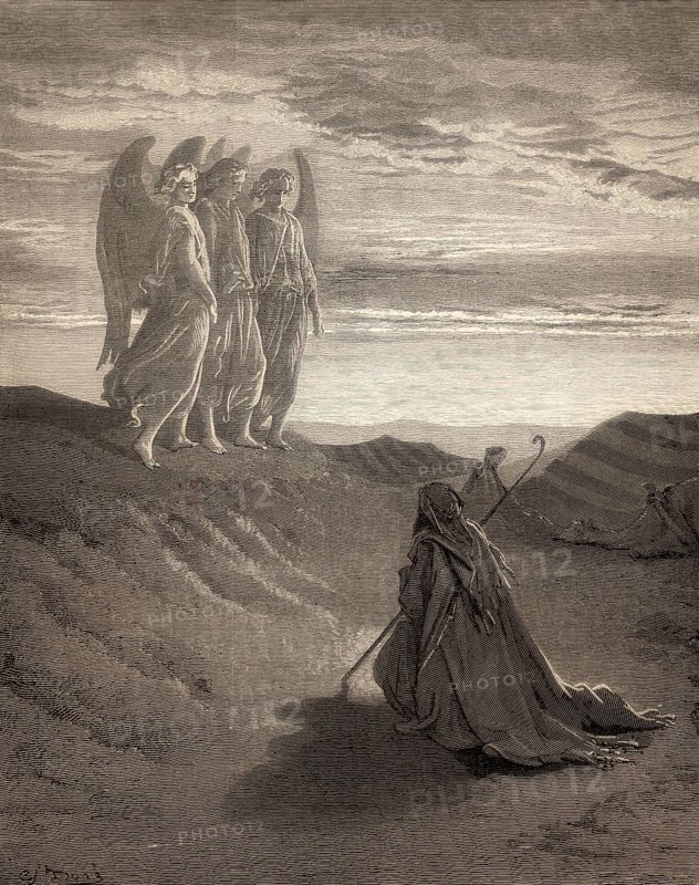 Abraham and the Three Angels, Old Testament, woodcut by Gustave Doré