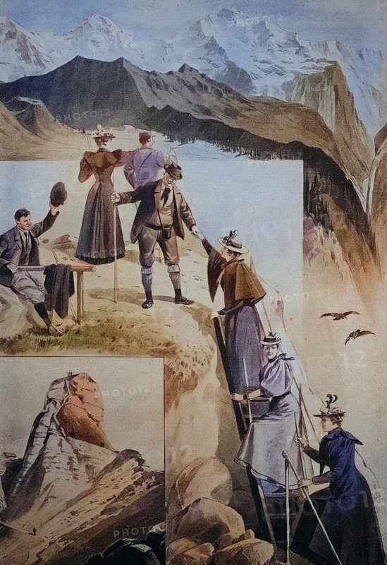 Sunday excursionists climbing the Gummihorn, a peak in the Bernese Oberland, 1880, Switzerland, Historic, digitally restored reproduction of a 19th century original, exact original date not known
