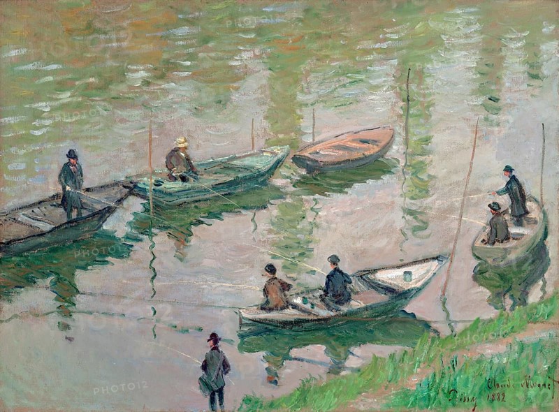 Claude Monet (b. 14 November 1840 in Paris as Oscar-Claude Monet, d. 5 December 1926) important French painter, Impressionist style. Here is his work, Fisherman on the Seine near Poissy (1882), Fishermen on the Seine near Poissy (1882), people in boats fishing on a calm, reflective body of water, impressionistic