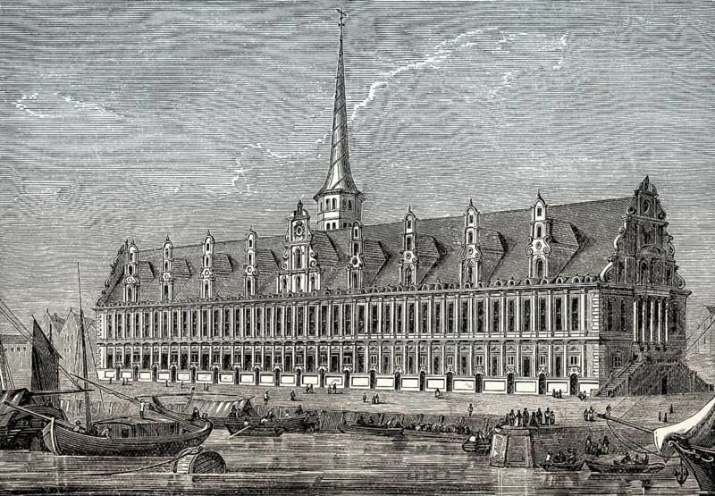 Historical view of the Copenhagen Stock Exchange, 18th century, From British Battles on Land and Sea by James Grant