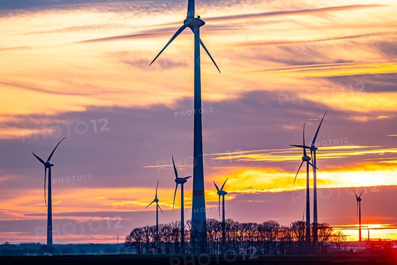 Sunset at Issum wind farm, Lower Rhine, North Rhine-Westphalia, Germany