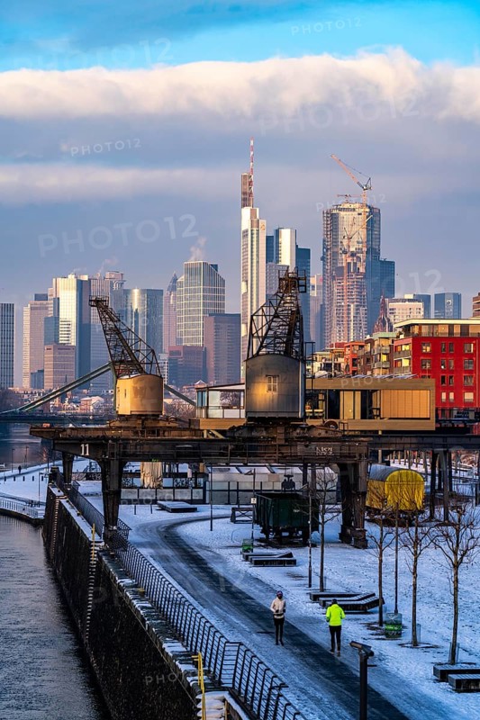 The skyline of Frankfurt am Main, skyscrapers of the banking district, historic harbour cranes at the Wesel shipyard, wintry morning, Hesse, Germany