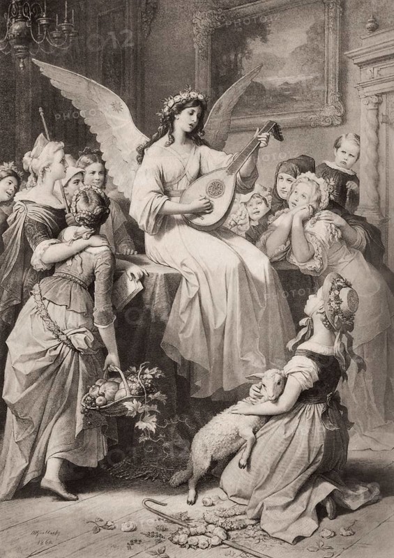 Music performance, Mignon as an angel, scene from the novel Wilhelm Meister's Apprenticeship, Wilhelm Meisters Lehrjahre, by Johann Wolfgang von Goethe, after Wilhelm von Kaulbach