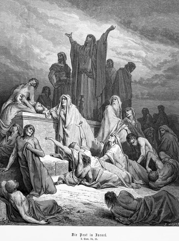 Second book Samuel, chapter 24, verse 15, The Lord lets the plague come upon Israel, thousands of men of the people die between Dan and Beersheba, Old Testament, Bible, grief, death, destruction, fear, illness, plague, horror, mercy, steel engraving Doré, historical illustration 1885