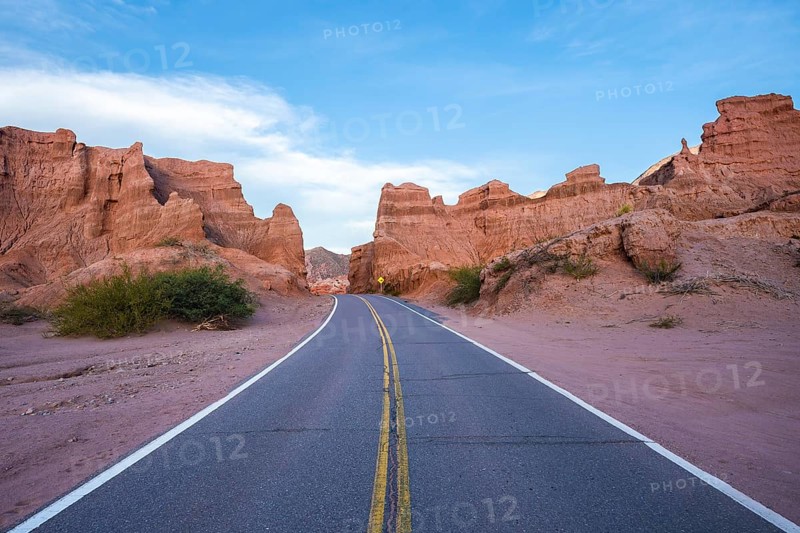 A scenic road curves between dramatic red rock formations under a clear sky in the arid desert of La Puna, Argentina, showcasing the unique beauty of the region