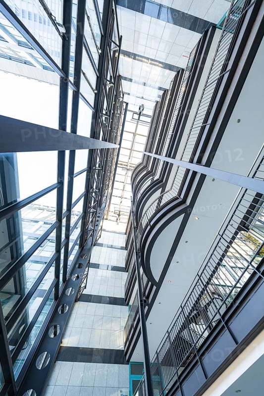 Steel and glass staircase in a tall building, Böblingen, Germany