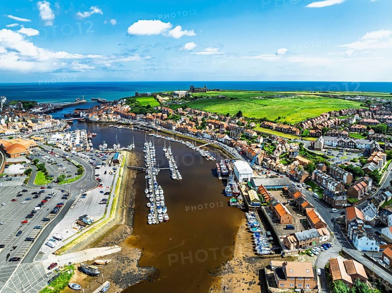 Whitby and River Esk from a drone, North Yorkshire, England, United Kingdom