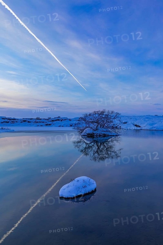 Snow-covered with bushes small island in Lake Myvatn, at blue hour, Kalfaströnd, Northern Iceland Eyestra, Iceland