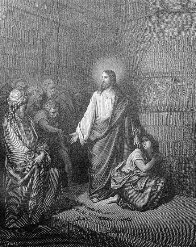 Jesus and the adulteress, who has never committed a sin, should throw the first stone, John chapter 8, verse 7, temple, interior, law, adultery, woman, fear, kneel down, punishment, expect, forgiveness, write, ground, Christian religion, Bible, New Testament, steel engraving Doré, historical illustration 1885