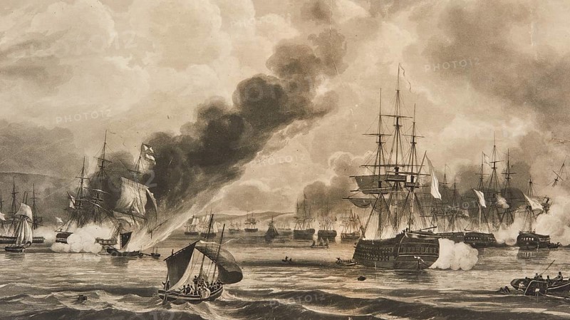 Monochrome depiction of a lively sea battle with smoking guns, Historical Museum, Battle of Navarino 1827, Tsiklitiria's House, Pylos, Peloponnese, Greece