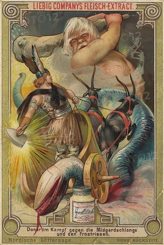 Picture series Nordic Saga of the Gods, Donar fighting the Midgard Serpent and the Frost Giants, Liebig picture, digitally restored reproduction of a collector's picture from ca 1900, public domain, exact date unknown, Dramatic depiction of Donar's fight against the Midgard Serpent and Frost Giants